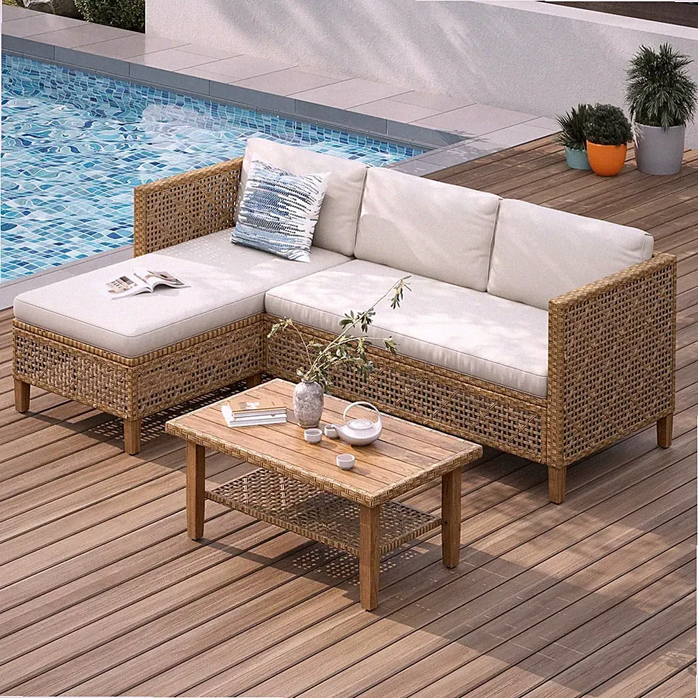 Outdoor Sectional Couch, Small L-Shaped Patio Sofa Sets, Beige | Seats Wicker P