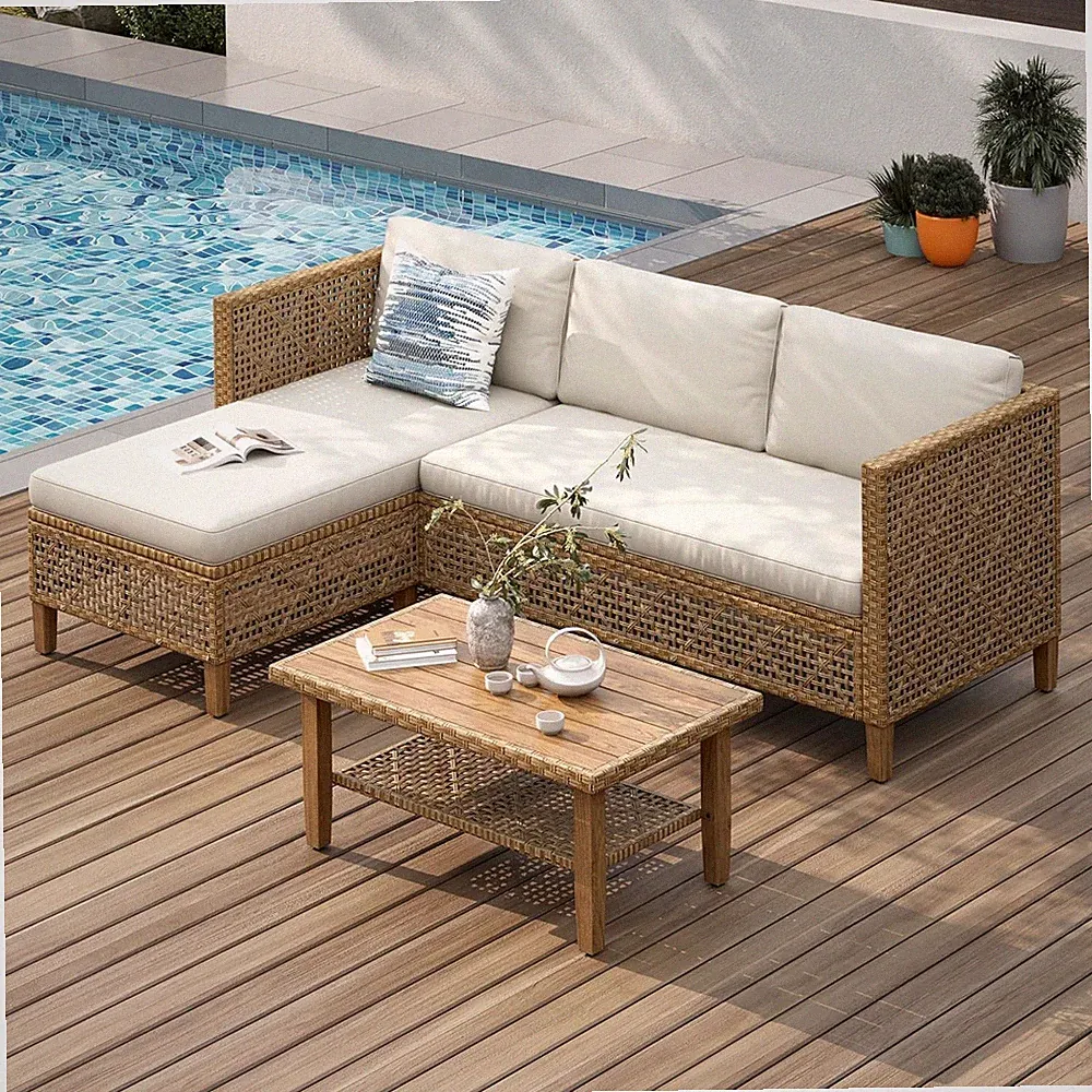 Outdoor Sectional Couch Wicker Patio Furniture Set W/ Acacia Wood Coffee Table