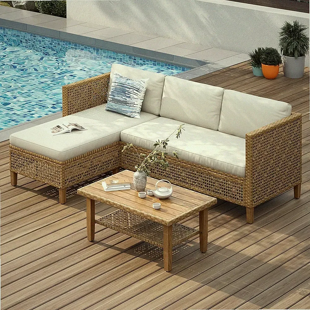 Outdoor Sectional Couch Wicker Patio Furniture Set with Acacia Wood Coffee