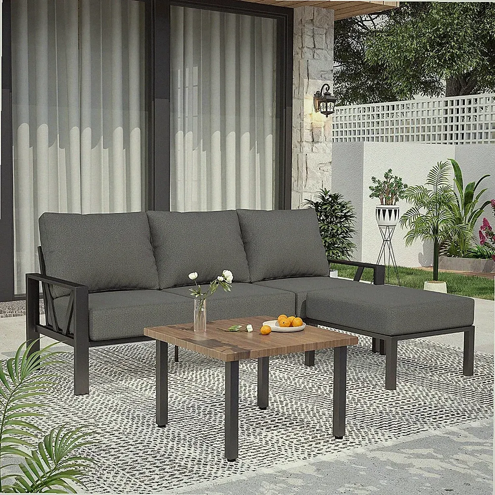 Outdoor Sectional Couch with Ottoman and 6 Inch Cushions,Grey