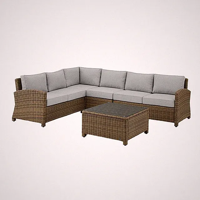 Outdoor Sectional Patio Furniture 5 Piece Set with Brown Wicker, Gray Cushions