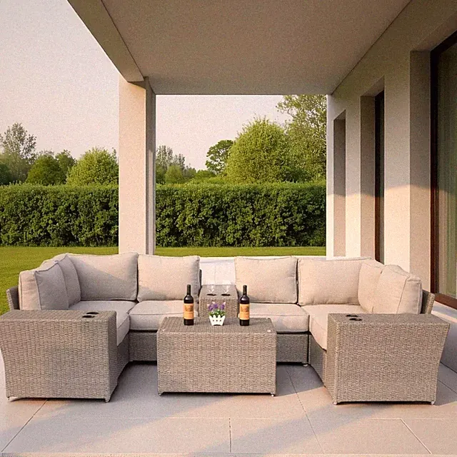 Outdoor Sectional Set HDPE Wicker Aluminum Gray 10 Piece 135 x 74 In