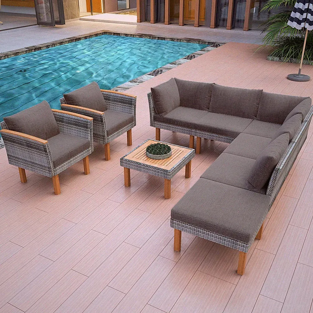 Outdoor Sectional Set PE Rattan Acacia Wood Gray 9 Piece 250 LB