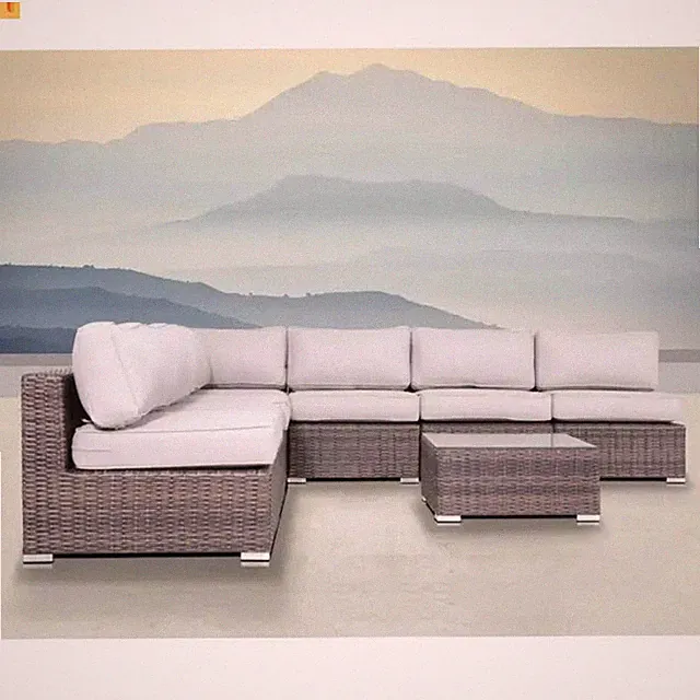 Outdoor Sectional Set Wicker Brown Gray 6 Person with Cushions
