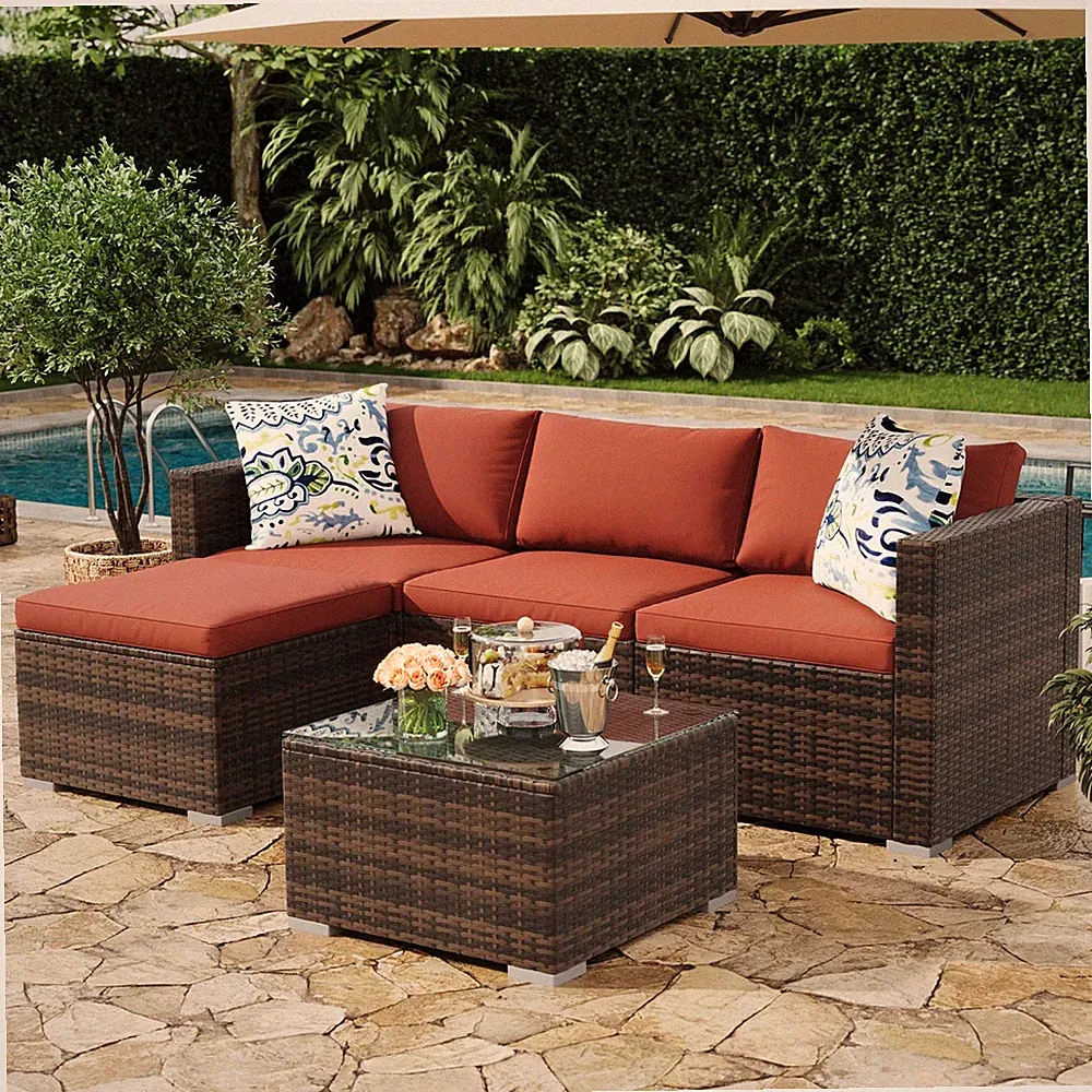 Outdoor Sectional Sofa 5 Piece PE Rattan All Weather Brown Wine Red MilleLoom