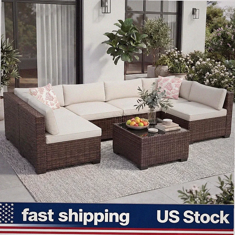 Outdoor Sectional Sofa 7-Piece Rattan Set Coffee Table & Washable Cushions