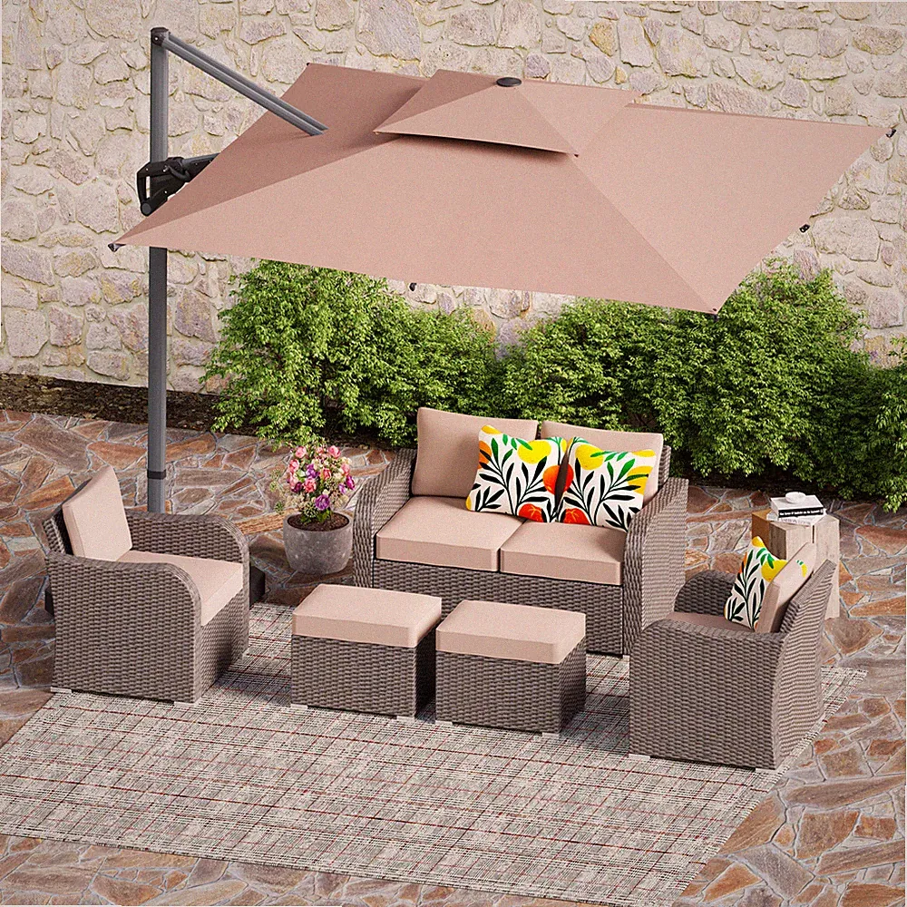 Outdoor Sectional Sofa Conversation Set with Patio Umbrella Rattan Furniture Set