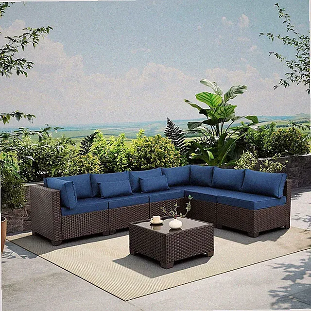 Outdoor Sectional Sofa Set 7 Pieces Wicker Patio Furniture Couch Glass Table wit