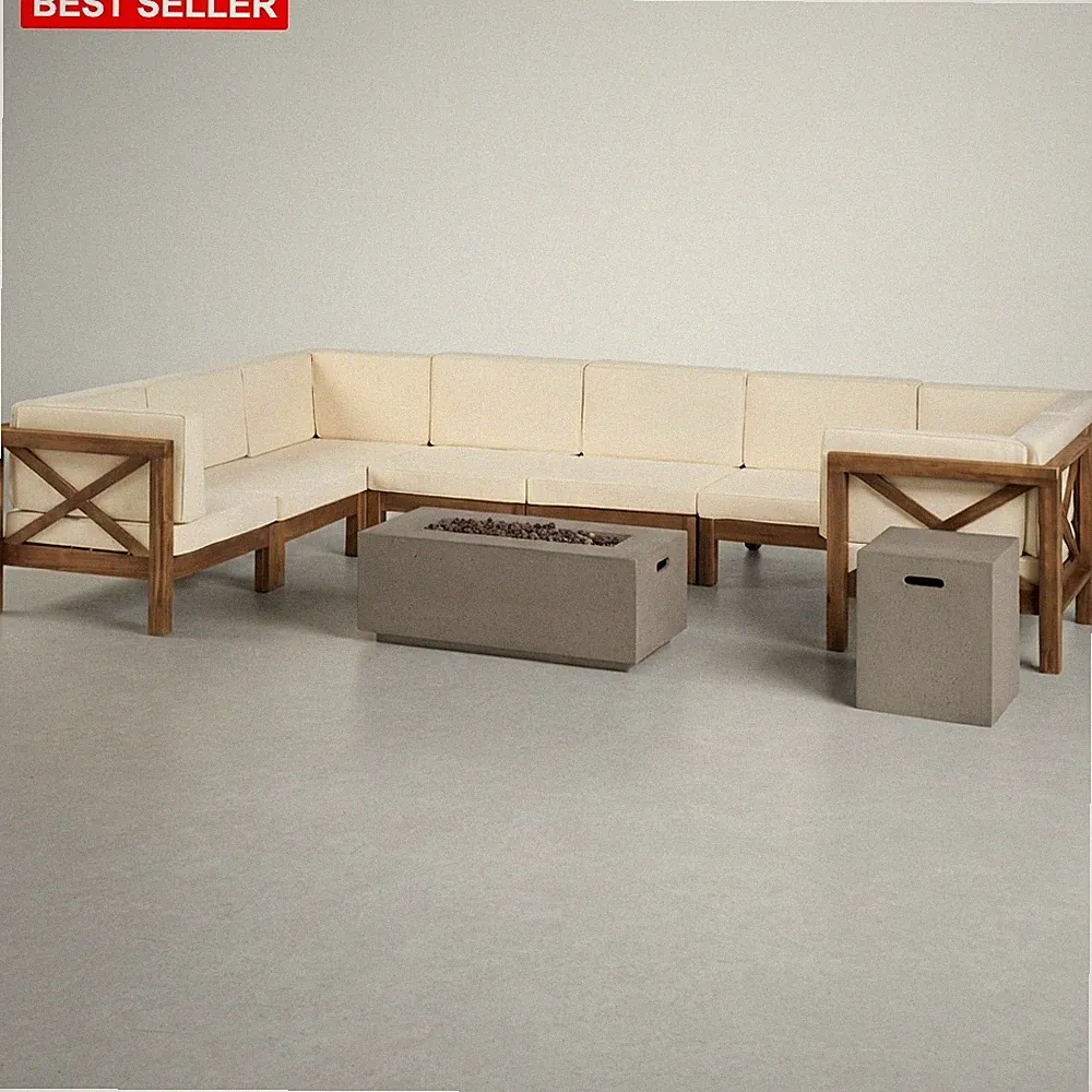 Outdoor Sectional Sofa Set 8 Seater Heavy Duty Acacia Wood Fire Pit Backyard
