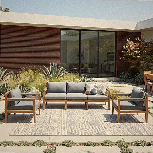 Outdoor Sectional Sofa Set Acacia Wood Rope Woven Grey Cushions
