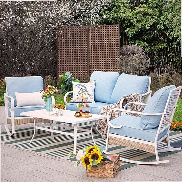 Outdoor Sectional Sofa Set with Coffee Table 4 Seat Patio Sofa with Cushion Blue