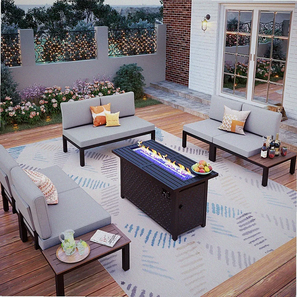Outdoor Sectional Sofa Set with Fire Pit Table Patio Conversation Sofa Set