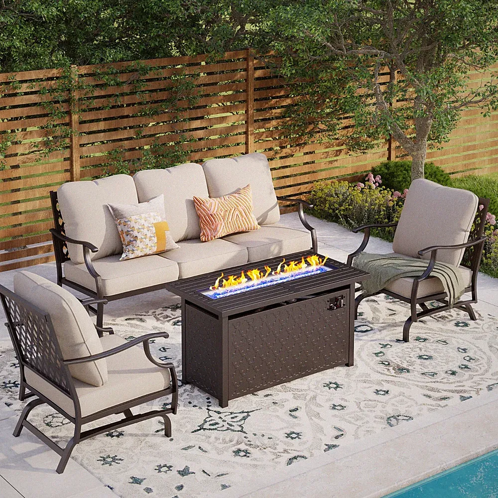 Outdoor Sectional Sofa Set with Gas Fire Pit Table Patio Conversation Sofa Set