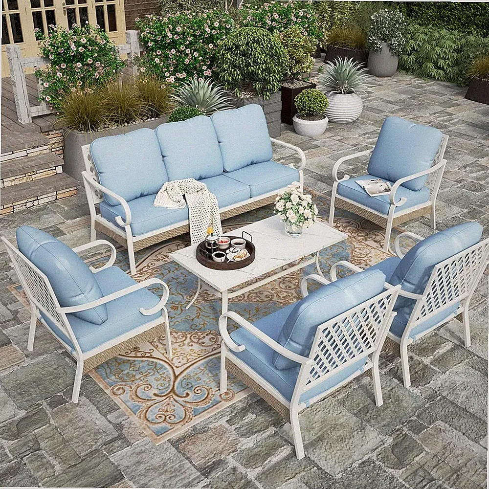 Outdoor Sectional Sofa Set with Table 7 Seat Patio Furniture set Backyard, Blue