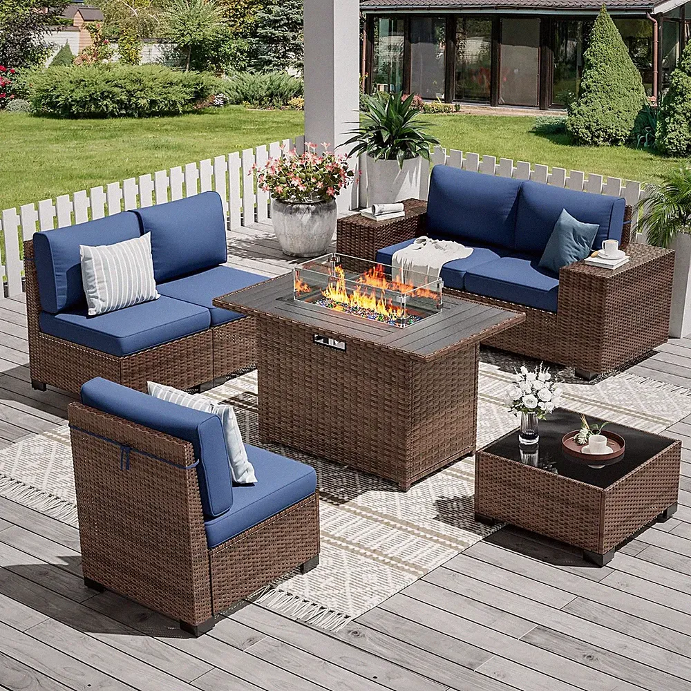 Outdoor Sectional with Fire Pit Table, 8 Inch Armrest Patio Furniture Set with W