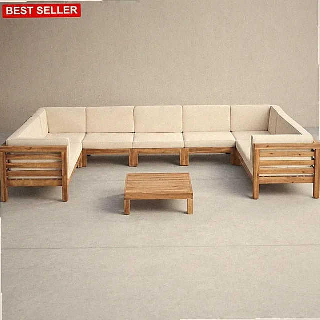 Outdoor Sofa Set 9 Seater Acacia Wood Modular Beige Cushions Wipe-Down