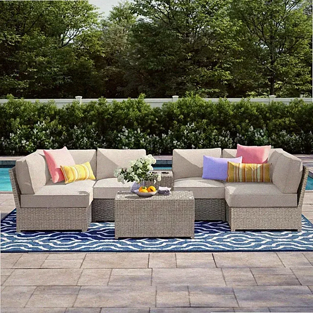 Outdoor Sofa Set HDPE Wicker Gray 8 Piece Aluminum Frame Seats 6