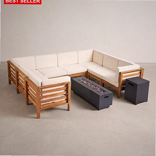 Outdoor U-Shaped Acacia Wood Sectional Set 8-Seater Includes Fire Pit Cushions