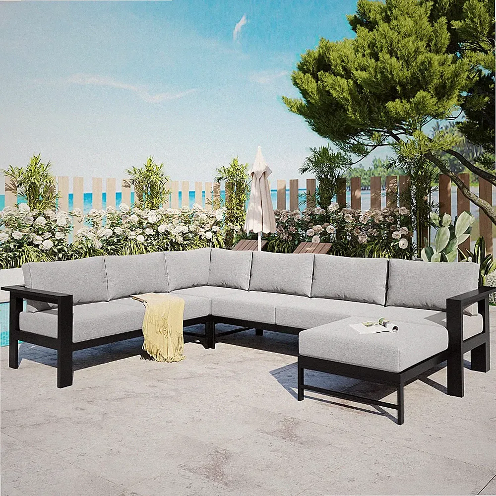 Outdoor U-Shaped Sectional Sofa 5 Seater Patio Set with Thick Cushions