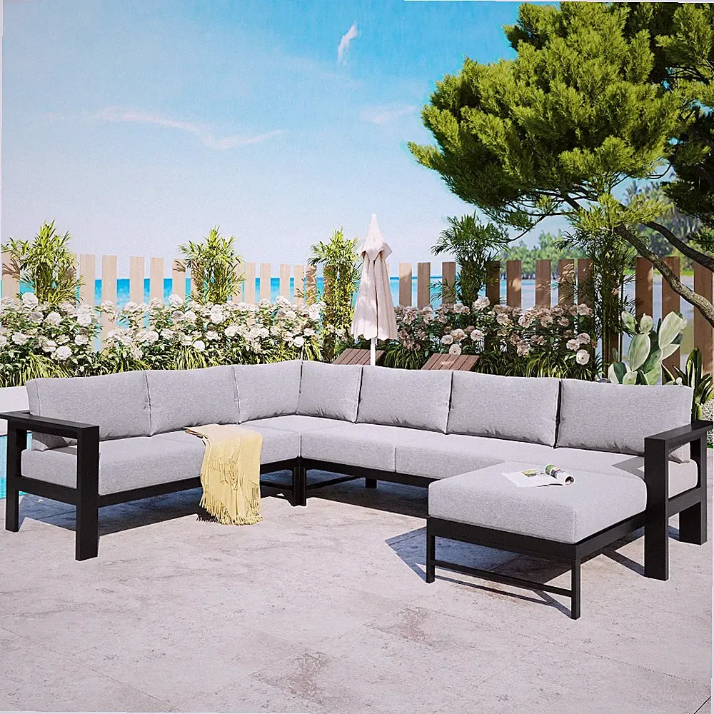 Outdoor U-Shaped Sectional Sofa Set, Patio Furniture w/ Thick Cushions Gray