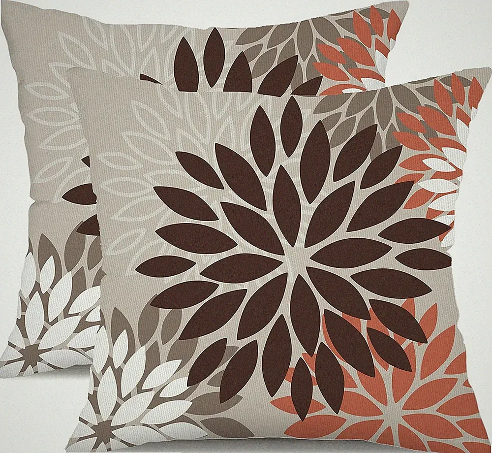 Outdoor Waterproof Pillow Covers 18x18 Set of 2 Brown Red Flower