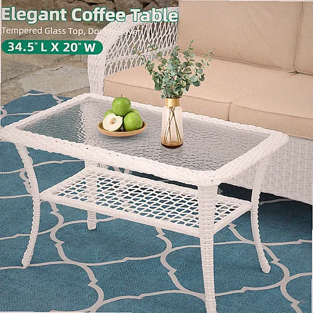 Outdoor Wicker Coffee Table 2-Tier Rattan Patio End Table Tempered Center Table