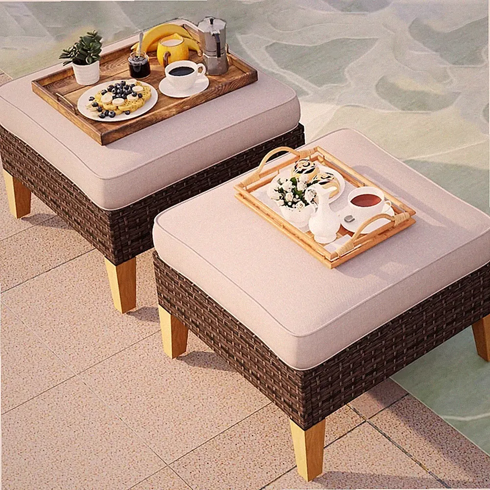 Outdoor Wicker Patio Furniture Sectional Sofa Set Cushion Sofa 2 x Ottoman,Beige