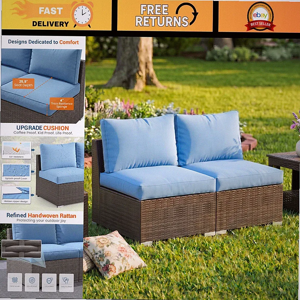 Outdoor Wicker Patio Sofa Set, 2-Piece Armless Sectional with Washable Cushions