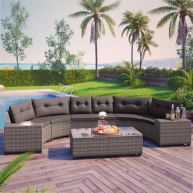 Outdoor Wicker Round Sofa Set -Half-Moon Sectional All Weather with Coffee Table