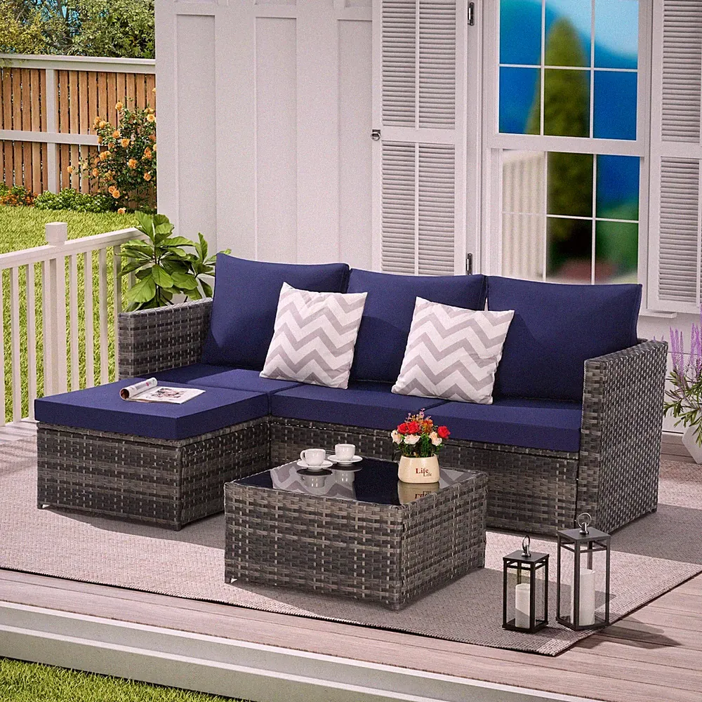 Outdoor Wicker Sectional Patio Furniture Set with Ottoman Seats 4 Dark Blue
