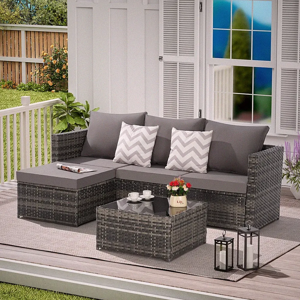 Outdoor Wicker Sectional Patio Furniture Set with Ottoman, Seats 4, Dark Gray