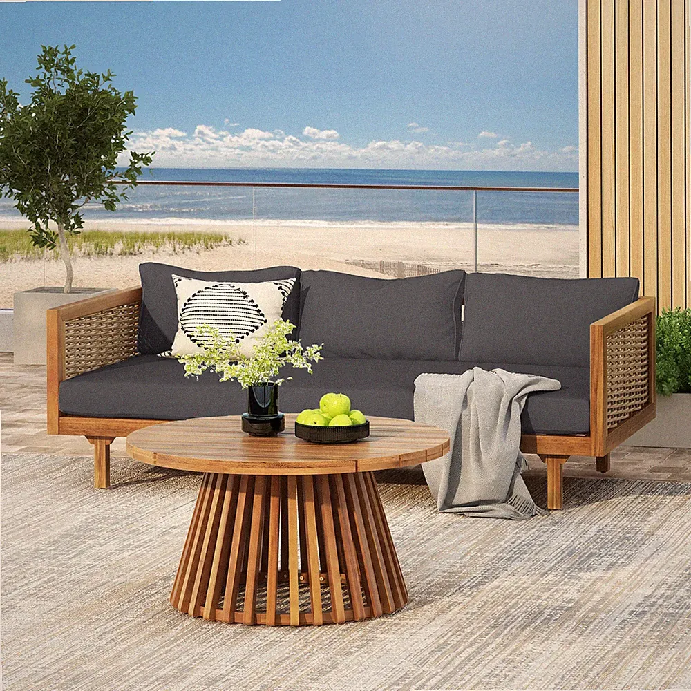 Outdoor Wicker Sectional Set with Dark Grey Cushions - Acacia Wood Patio