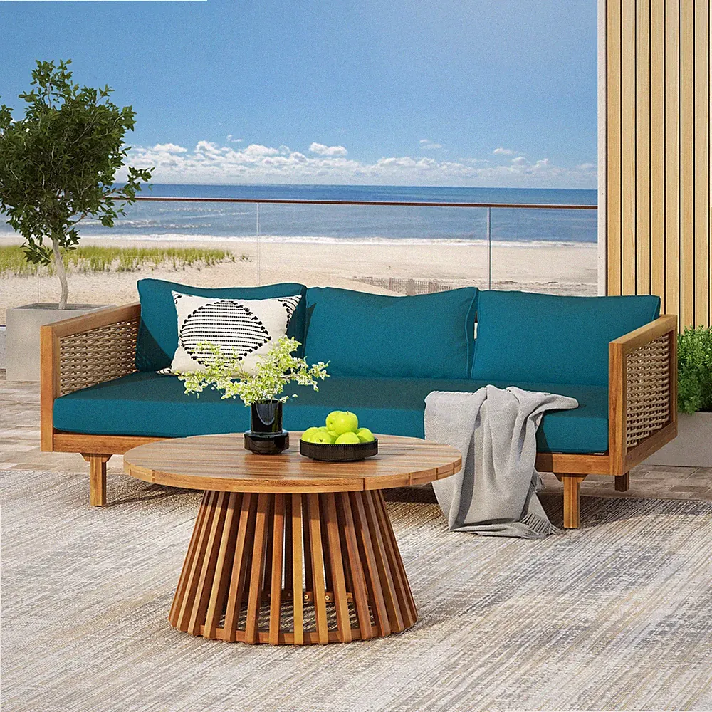 Outdoor Wicker Sectional Set with Teal Cushions - Acacia Wood Patio Conversation