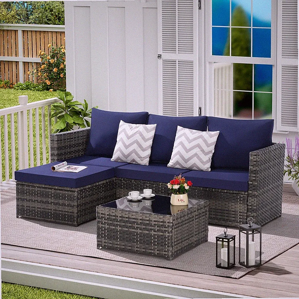 Outdoor Wicker Sectional Sofa Set with Ottoman, 4-Piece, Dark Blue