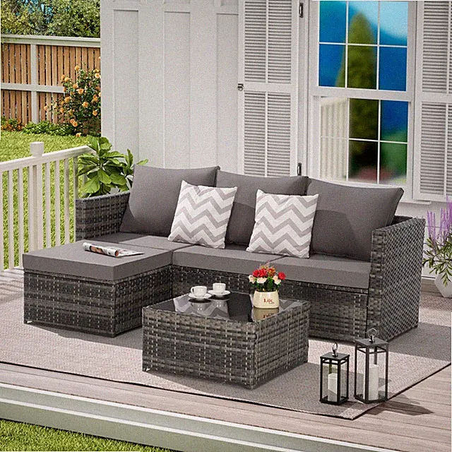 Outdoor Wicker Sectional Sofa Set with Ottoman, Dark Gray, Seats 4