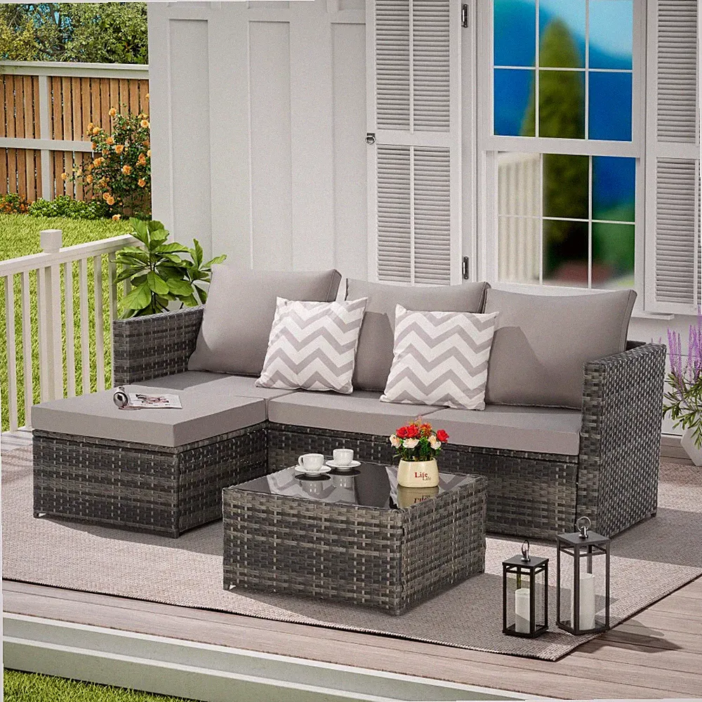 Outdoor Wicker Sectional Sofa Set with Ottoman, Light Gray, Seats 4