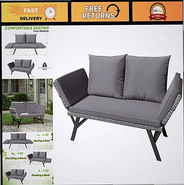 Outdoor Woven Rattan Sofa Set, Convertible Daybed/Double Chair, Cushions & Pillo