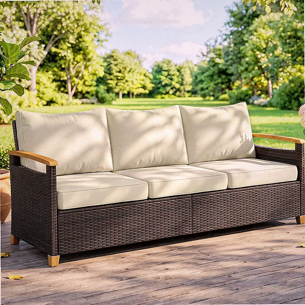 Outsunny 3 Seater Outdoor Couch Sofa with Cushioned Wide Seats, Beige