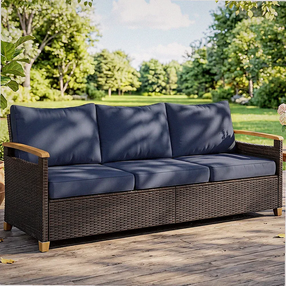 Outsunny 3 Seater Outdoor Couch Sofa with Cushioned Wide Seats, Dark Blue