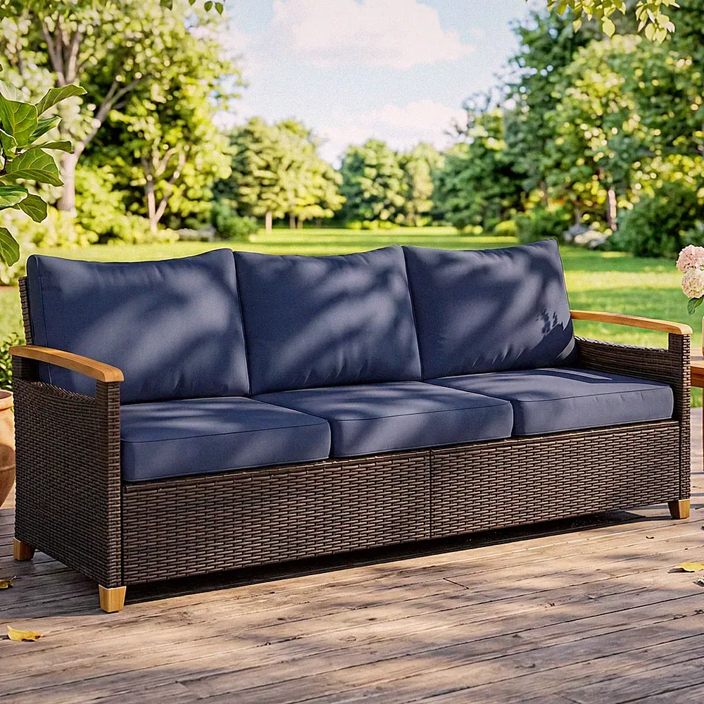 Outsunny 3 Seater Outdoor Couch Sofa with Cushioned Wide Seats, Dark Blue