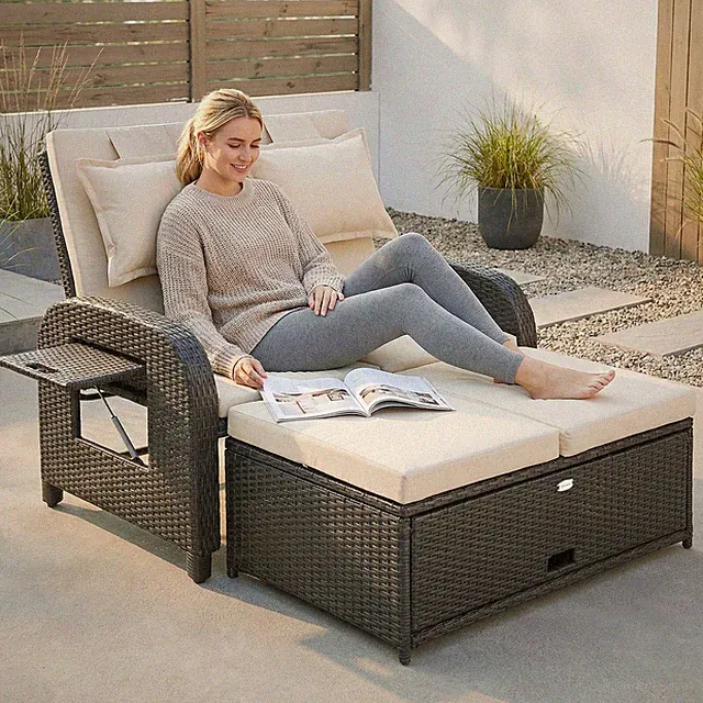 Outsunny Outdoor Patio Rattan Daybed w/ Storage Ottoman, Beige
