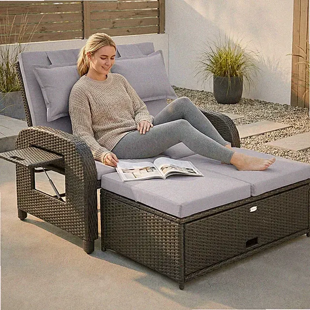 Outsunny Outdoor Patio Rattan Daybed w/ Storage Ottoman, Gray