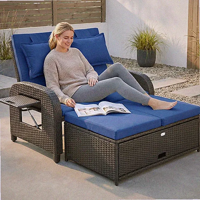 Outsunny Outdoor Patio Rattan Daybed w/ Storage Ottoman, Navy Blue