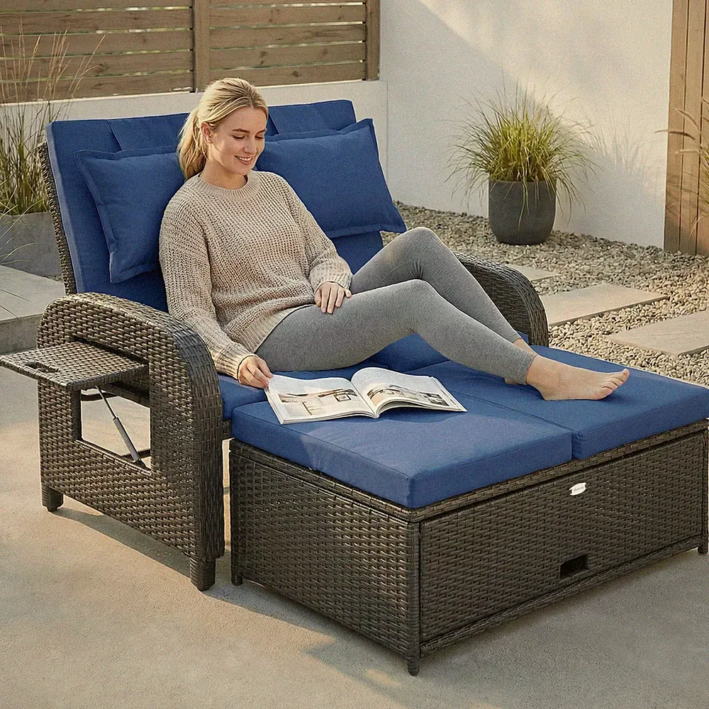 Outsunny Outdoor Patio Rattan Daybed w/ Storage Ottoman, Navy Blue