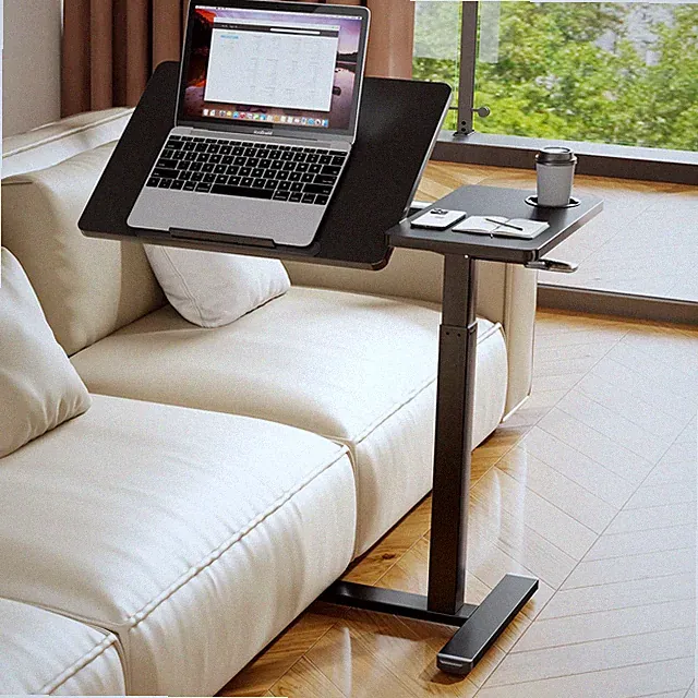 Overbed Table with Wheels, Pneumatic Lift, Foldable Top (Black)
