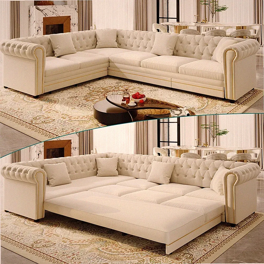 Oversize 115.3" L-Shaped Sofa Couch Pull-Out Bed Convertible with Throw Pillows