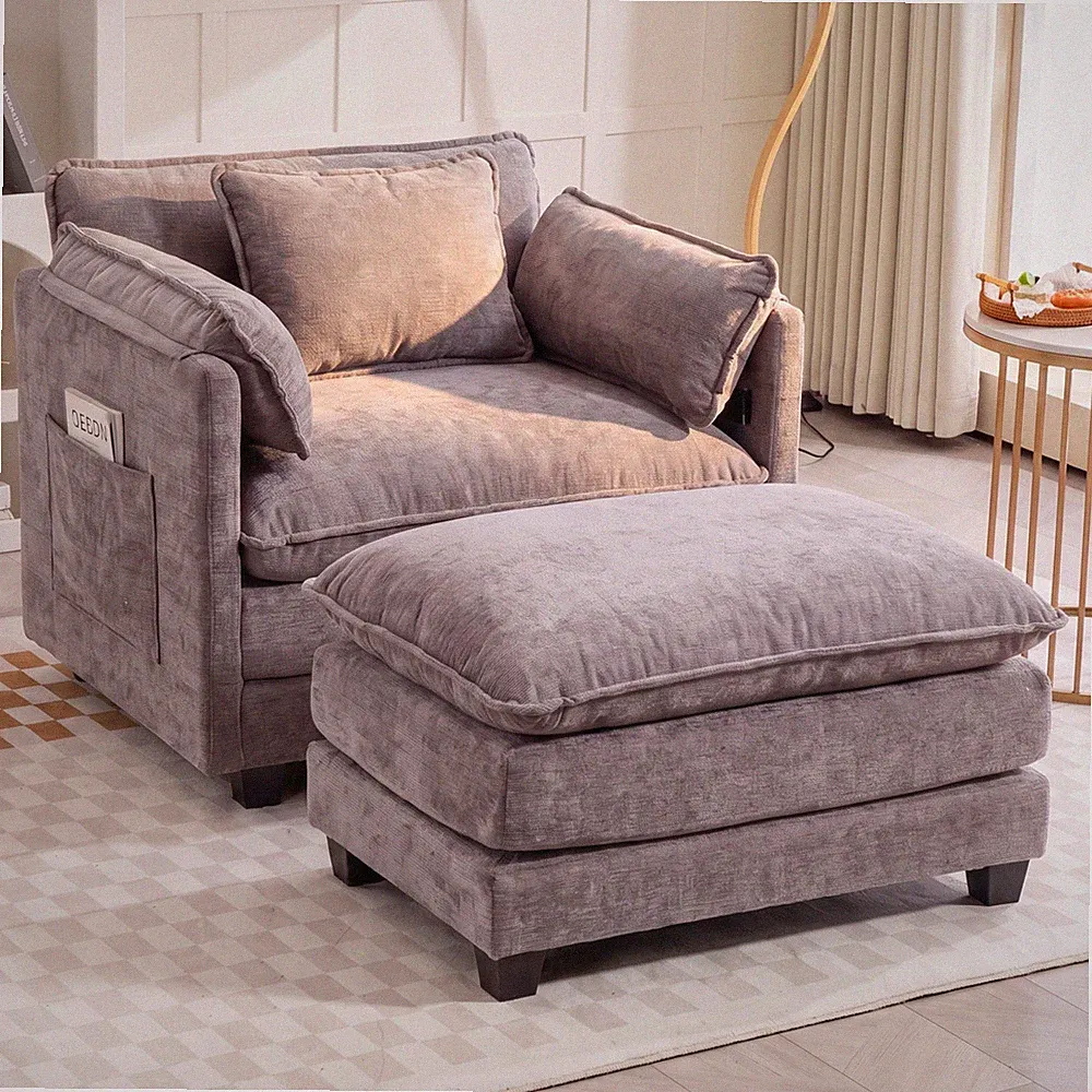 Oversize Boucle Single Sofa Bed with Ottoman, 55.32" x 39.76" x 34.25", Grey