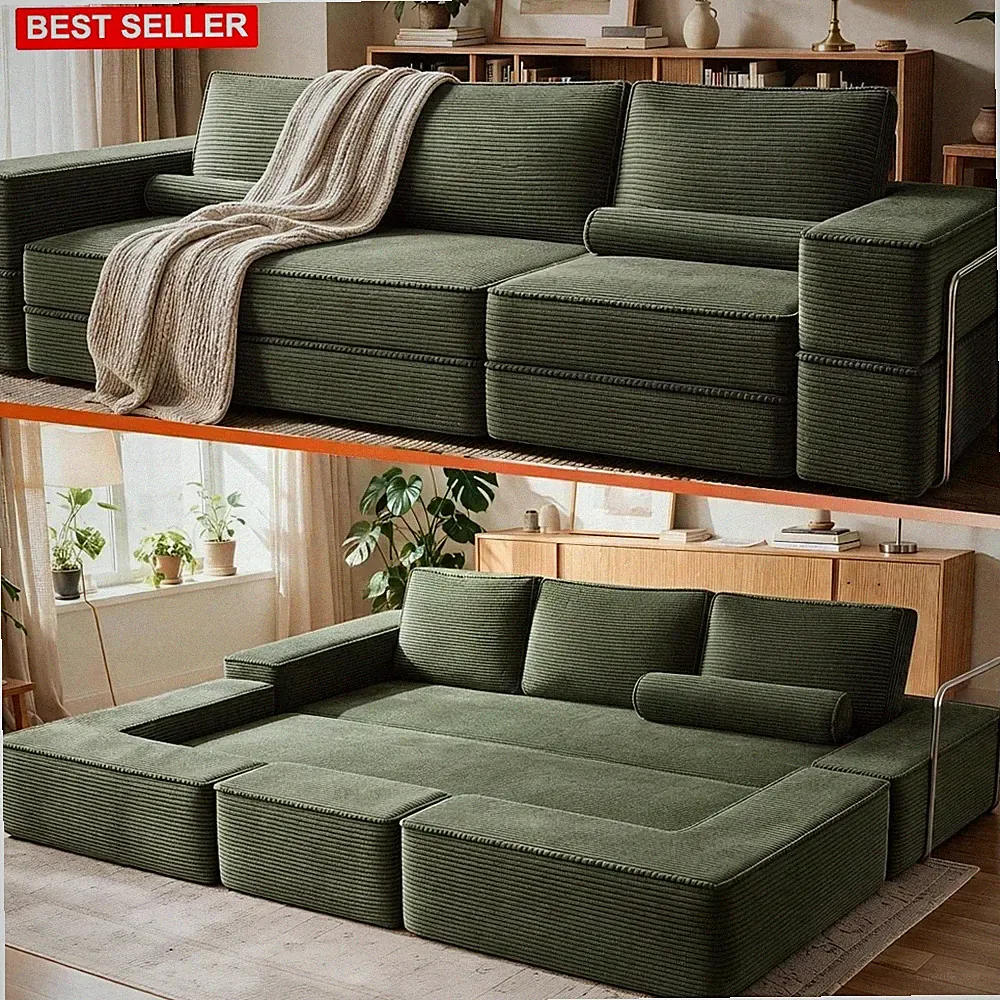 Oversize Convertible Corduroy Sofa Bed 103 Inch Green Plush Pet-Friendly Lounge