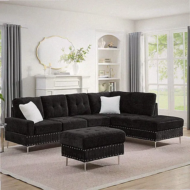 Oversized 102" L-Shaped Chenille Sectional Sofa with Ottoman & Pillows, Black