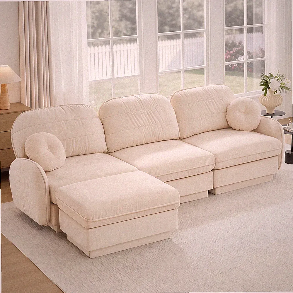 Oversized 105" L-Shaped Sectional Sofa with Ottoman, Cream, Recessed Base